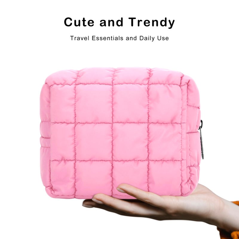 E-Tree Cute Makeup Bag,Quilted Cosmetic Bag for Women,Make up Pouch for Purse,Toiletry Zipper Pouch,Checkered Bag,Travel Case,Storage Pouches for Organization (Pink) - Image 5