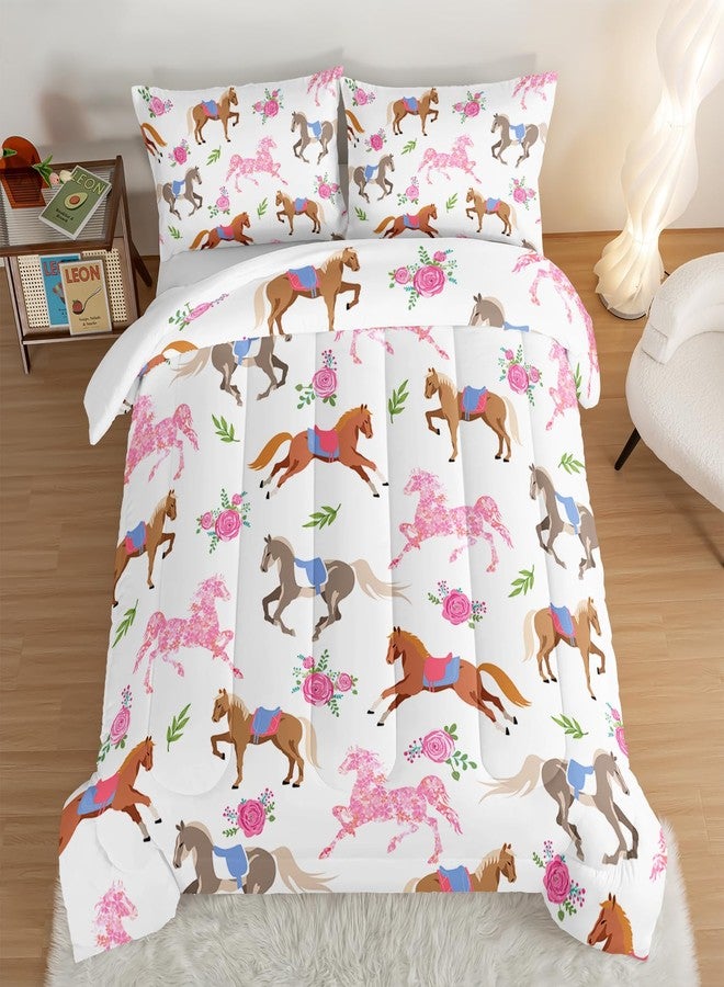 HOSIMA Kawaii Pink Rose Horse Twin Comforter Princess Toddler Bedding Set,Cute Animal Horse Bedding Girls Teens Aesthetic Room Decor,Cowboy Cowgirl Colorful Pony Twin Bed in a Bag. - Image 1