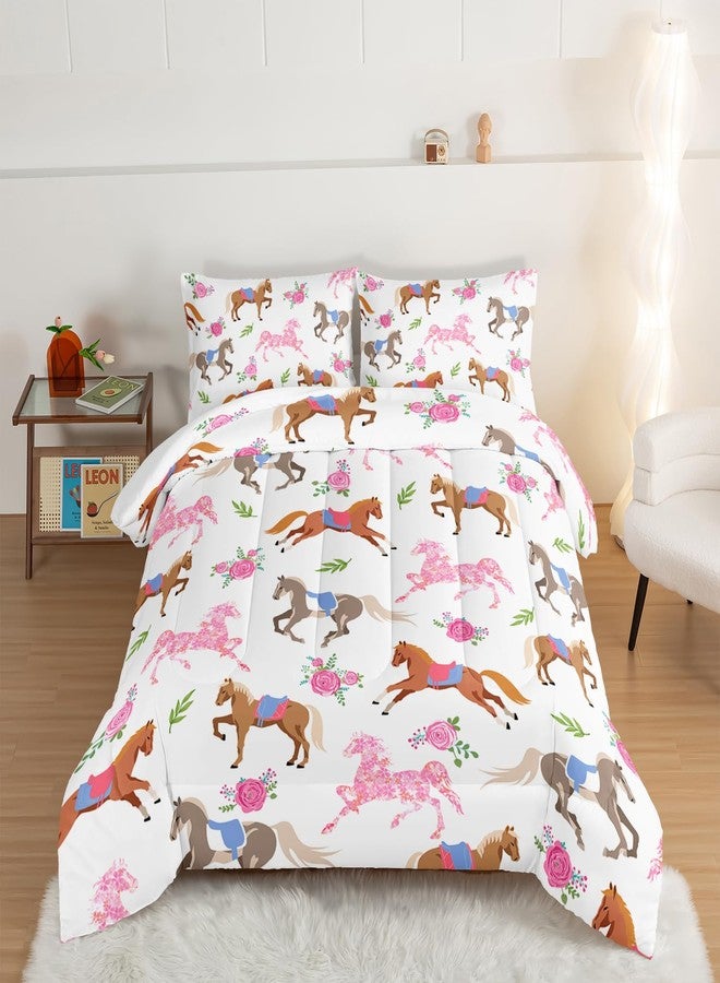 HOSIMA Kawaii Pink Rose Horse Twin Comforter Princess Toddler Bedding Set,Cute Animal Horse Bedding Girls Teens Aesthetic Room Decor,Cowboy Cowgirl Colorful Pony Twin Bed in a Bag. - Image 2