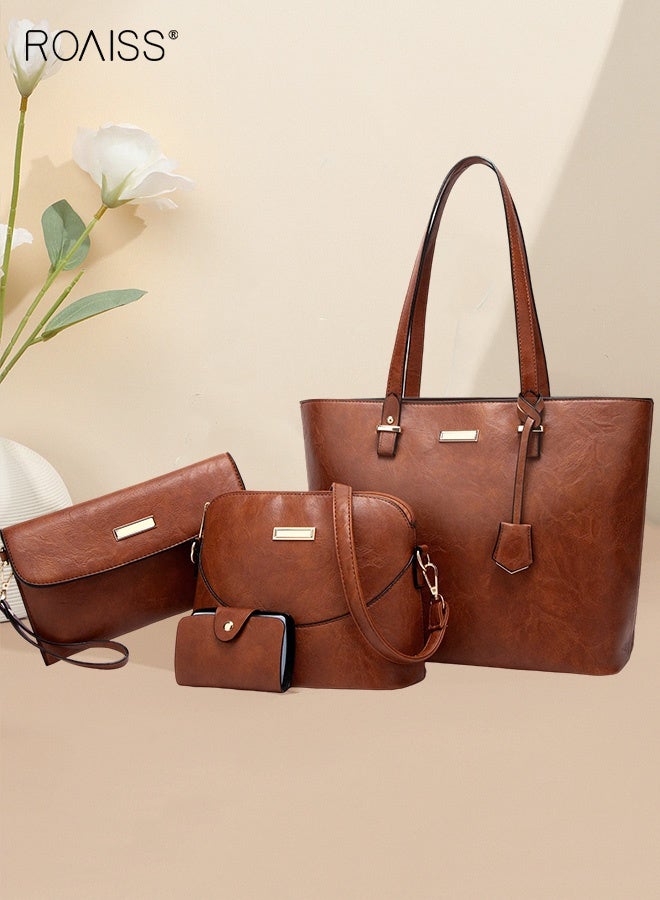 رويس طقم حقائب نسائية مكون من أربع قطع، حقيبة توت + حقيبة كتف واحدة + حقيبة يد صغيرة + حامل بطاقات، طقم حقائب نسائية مكون من أربع قطع، حقيبة توت كبيرة الحجم من قطعة واحدة، لون بني - Image 1