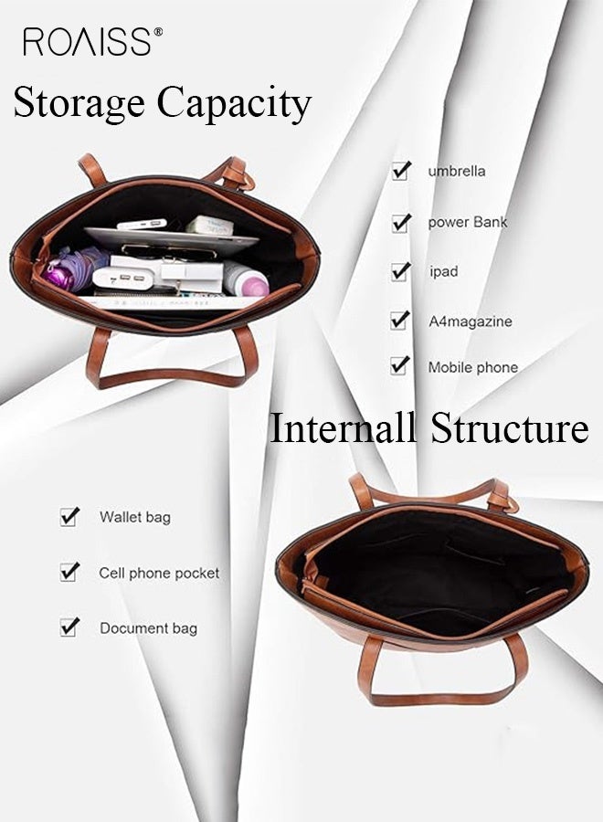 رويس طقم حقائب نسائية مكون من أربع قطع، حقيبة توت + حقيبة كتف واحدة + حقيبة يد صغيرة + حامل بطاقات، طقم حقائب نسائية مكون من أربع قطع، حقيبة توت كبيرة الحجم من قطعة واحدة، لون بني - Image 3