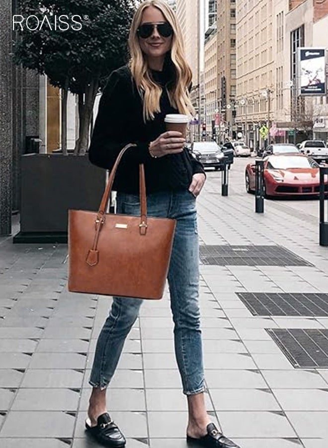 رويس طقم حقائب نسائية مكون من أربع قطع، حقيبة توت + حقيبة كتف واحدة + حقيبة يد صغيرة + حامل بطاقات، طقم حقائب نسائية مكون من أربع قطع، حقيبة توت كبيرة الحجم من قطعة واحدة، لون بني - Image 2