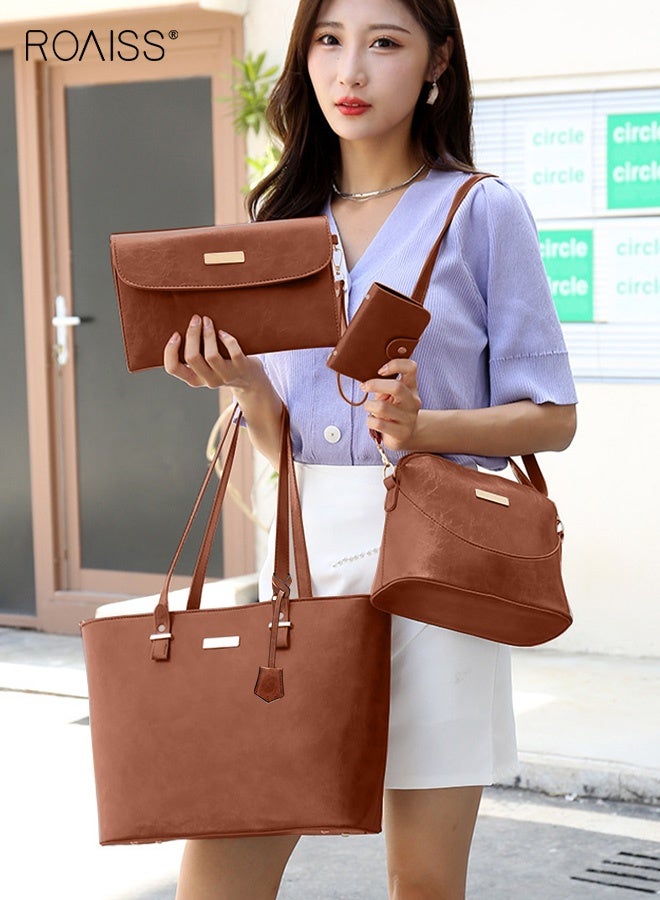 رويس طقم حقائب نسائية مكون من أربع قطع، حقيبة توت + حقيبة كتف واحدة + حقيبة يد صغيرة + حامل بطاقات، طقم حقائب نسائية مكون من أربع قطع، حقيبة توت كبيرة الحجم من قطعة واحدة، لون بني - Image 5