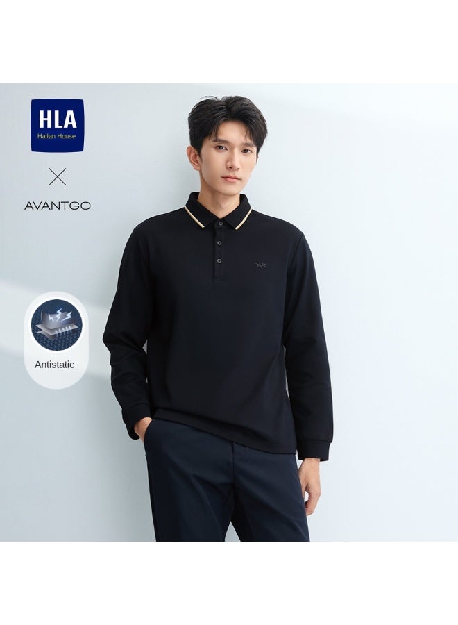 HLA Antibacterial And Anti-mite】winter Light Business Contrast Color Flat Collar Warm And Comfortable Men's Long Sleeve Polo Shirt - Image 2