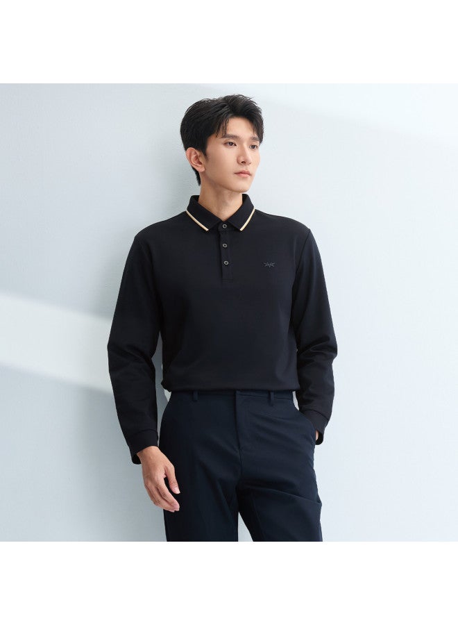 HLA Antibacterial And Anti-mite】winter Light Business Contrast Color Flat Collar Warm And Comfortable Men's Long Sleeve Polo Shirt - Image 4