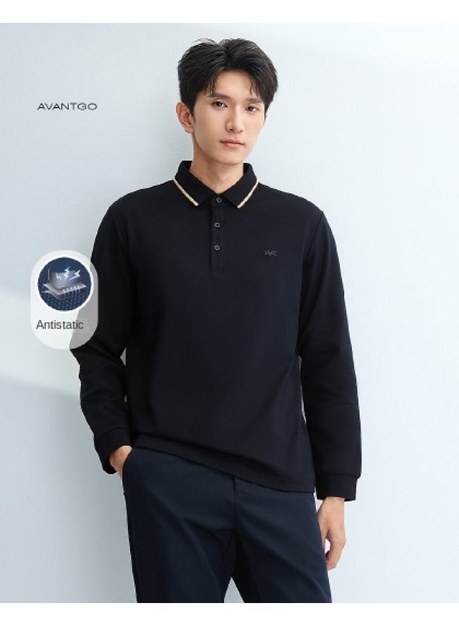 HLA Antibacterial And Anti-mite】winter Light Business Contrast Color Flat Collar Warm And Comfortable Men's Long Sleeve Polo Shirt - Image 1