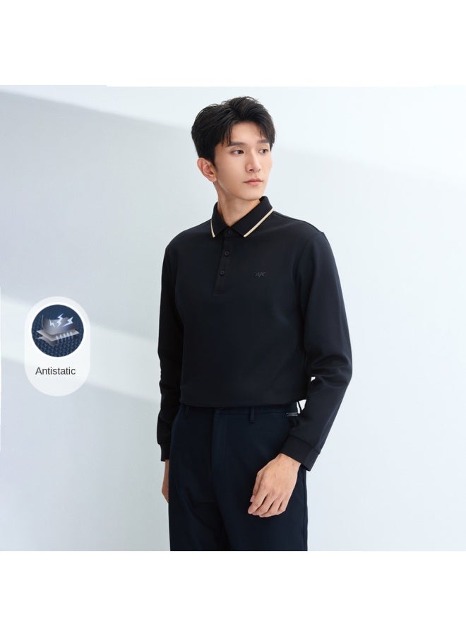HLA Antibacterial And Anti-mite】winter Light Business Contrast Color Flat Collar Warm And Comfortable Men's Long Sleeve Polo Shirt - Image 3