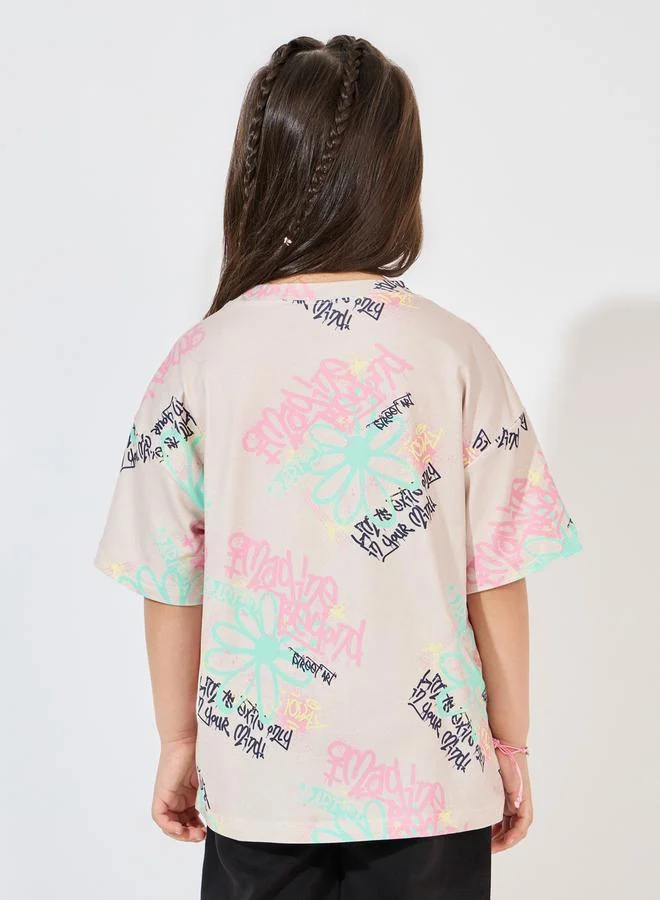 Styli Oversized All Over Print T-Shirt with Dropped Shoulder