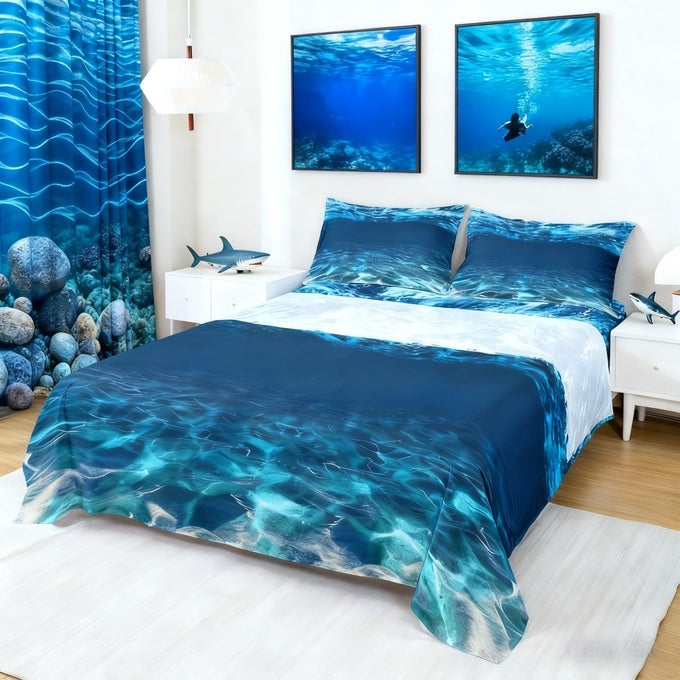 UNDER SEA BED SHEETS QUEEN SIZEDIVING ADVENTURE SPORTS THEMED COBBLESTONE SAND BLUE OCEANQUALITY BRUSHED MICROFIBER LUXURY BEDDING SET WITH FLATFITTED SHEET2 PILLOW CASESQUEEN