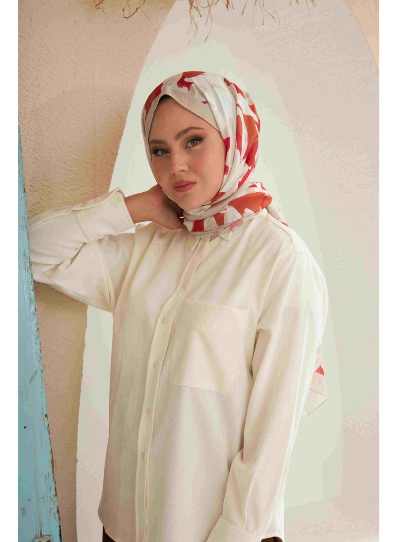 Soft Flowers Cotton-Blend Hijab Shawl in Beige and Red - Image 3