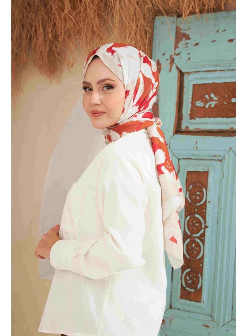 Soft Flowers Cotton-Blend Hijab Shawl in Beige and Red - Image 4