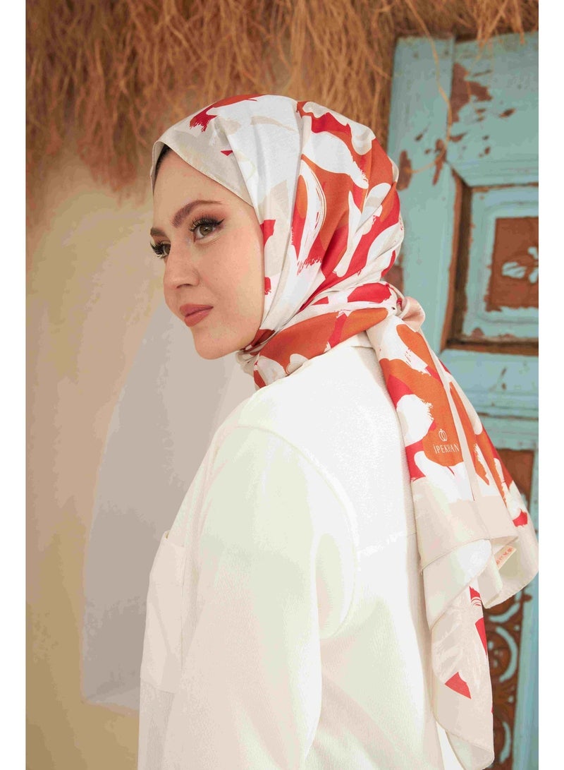 Soft Flowers Cotton-Blend Hijab Shawl in Beige and Red - Image 5