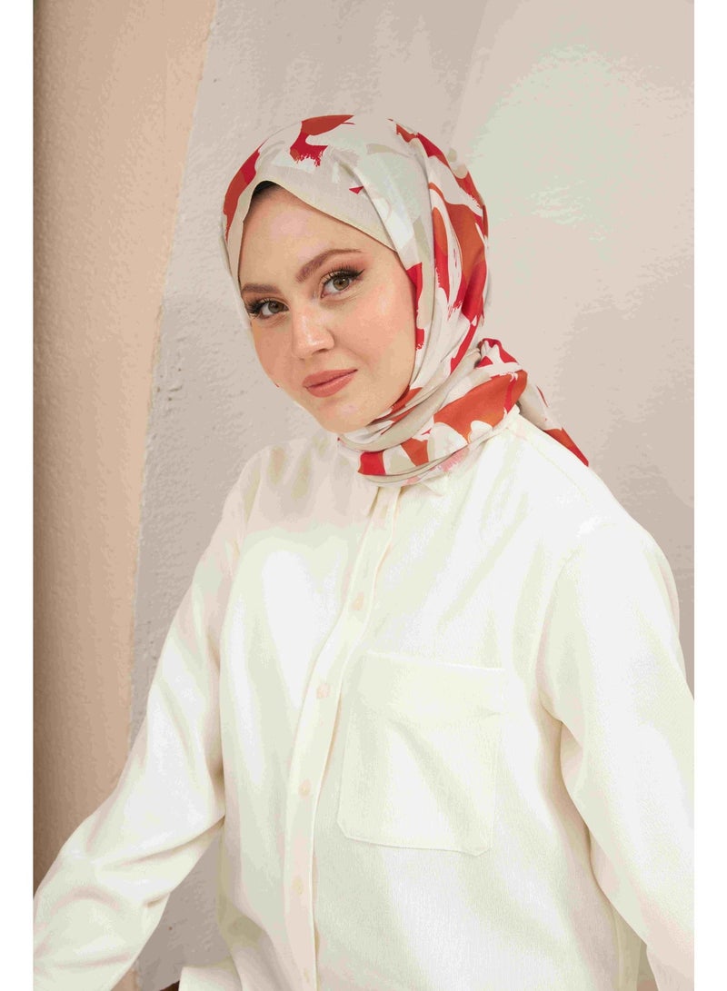 Soft Flowers Cotton-Blend Hijab Shawl in Beige and Red - Image 2