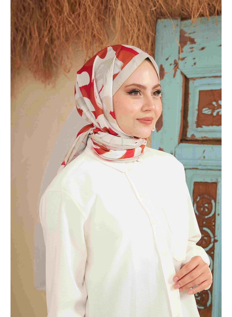 Soft Flowers Cotton-Blend Hijab Shawl in Beige and Red - Image 1