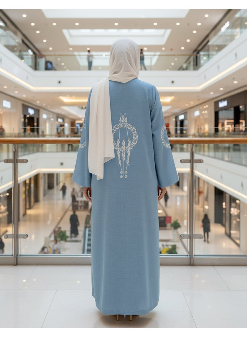 عباية نسائية كاجوال متعددة الاستخدامات من قماش جورجيت أيرلندي مفتوح من الأمام مع زخارف مطبوعة DTF، عباية زرقاء خفيفة الوزن أنيقة من قماش جورجيت مقاس صغير للنساء المحجبات، ملابس عربية كاجوال محتشمة - Image 1