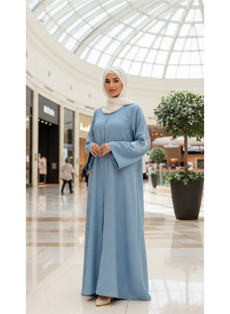 عباية نسائية كاجوال متعددة الاستخدامات من قماش جورجيت أيرلندي مفتوح من الأمام مع زخارف مطبوعة DTF، عباية زرقاء خفيفة الوزن أنيقة من قماش جورجيت مقاس صغير للنساء المحجبات، ملابس عربية كاجوال محتشمة - Image 2