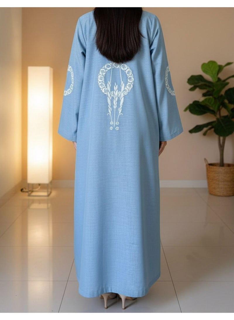 عباية نسائية كاجوال متعددة الاستخدامات من قماش جورجيت أيرلندي مفتوح من الأمام مع زخارف مطبوعة DTF، عباية زرقاء خفيفة الوزن أنيقة من قماش جورجيت مقاس صغير للنساء المحجبات، ملابس عربية كاجوال محتشمة - Image 3