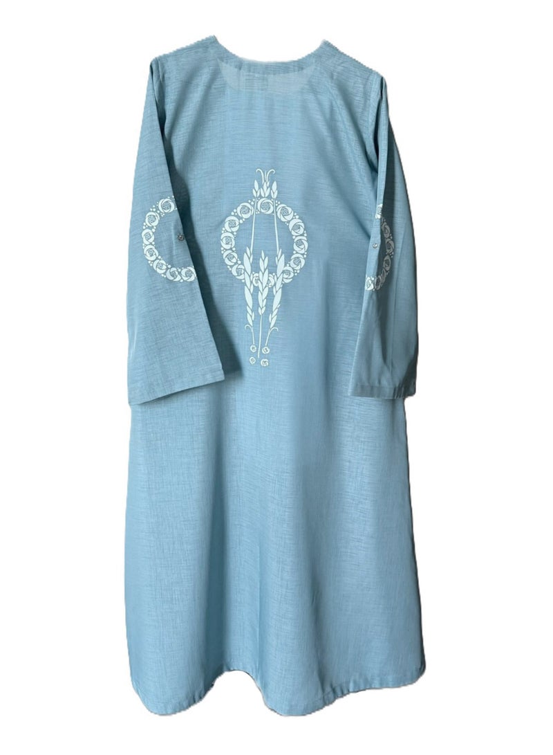 عباية نسائية كاجوال متعددة الاستخدامات من قماش جورجيت أيرلندي مفتوح من الأمام مع زخارف مطبوعة DTF، عباية زرقاء خفيفة الوزن أنيقة من قماش جورجيت مقاس صغير للنساء المحجبات، ملابس عربية كاجوال محتشمة - Image 4