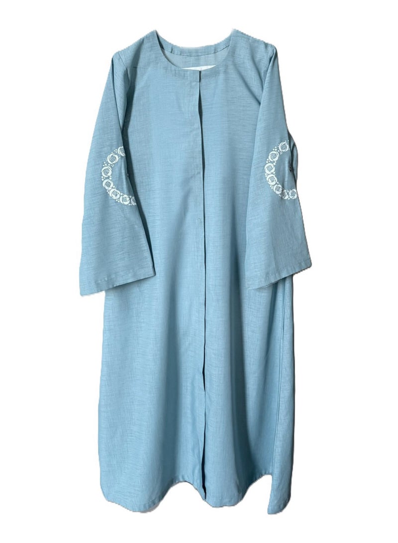 عباية نسائية كاجوال متعددة الاستخدامات من قماش جورجيت أيرلندي مفتوح من الأمام مع زخارف مطبوعة DTF، عباية زرقاء خفيفة الوزن أنيقة من قماش جورجيت مقاس صغير للنساء المحجبات، ملابس عربية كاجوال محتشمة - Image 5