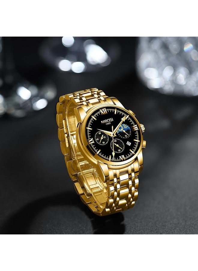 NIBOSI - Men Watches Analog Chronograph Black Dial Watches For Men Business Quartz Casual Wrist Watches With Brown Leather Strap Calendar - Image 1