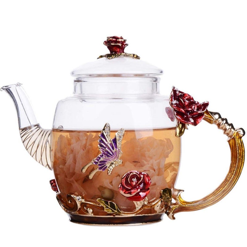 XUDREZ Glass Blooming Tea Teapot for Women  Red Rose Floral with Gold 1015oz300ml