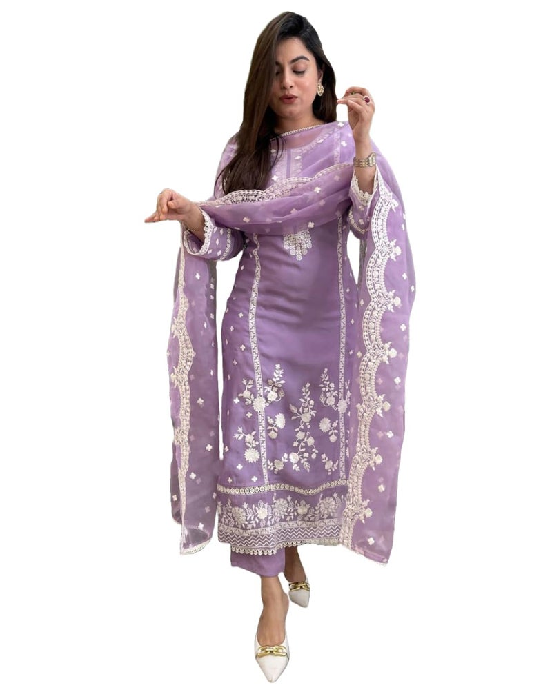 ANNI Designer Women's Rayon Blend Straight Embroidered Kurta with Pant & Dupatta (Rosewood Purple_S_Purple_Small) - Image 1