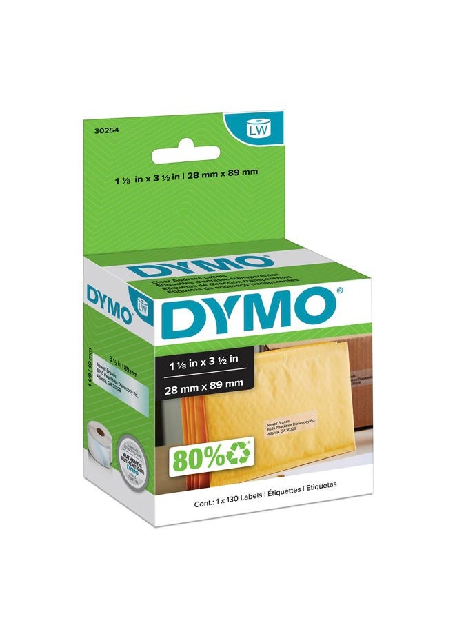 Dymo Authentic LW Clear Mailing Address Labels, DYMO Labels for LabelWriter Label Printers, 1-1/8" x 3-1/2", 1 Roll of 130 - Image 1