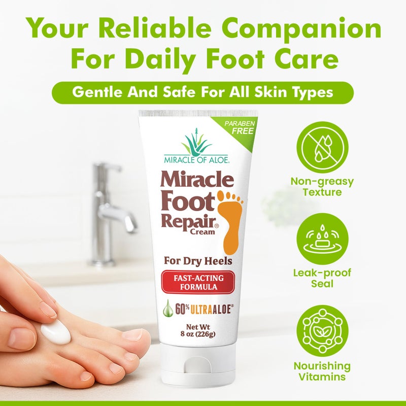 Miracle of Aloe Miracle Foot Repair Cream (8 oz & 1 oz) Repairs Dry Cracked Heels and Feet, 60% Pure UltraAloe Moisturizes, Softens, and Repairs - Image 2