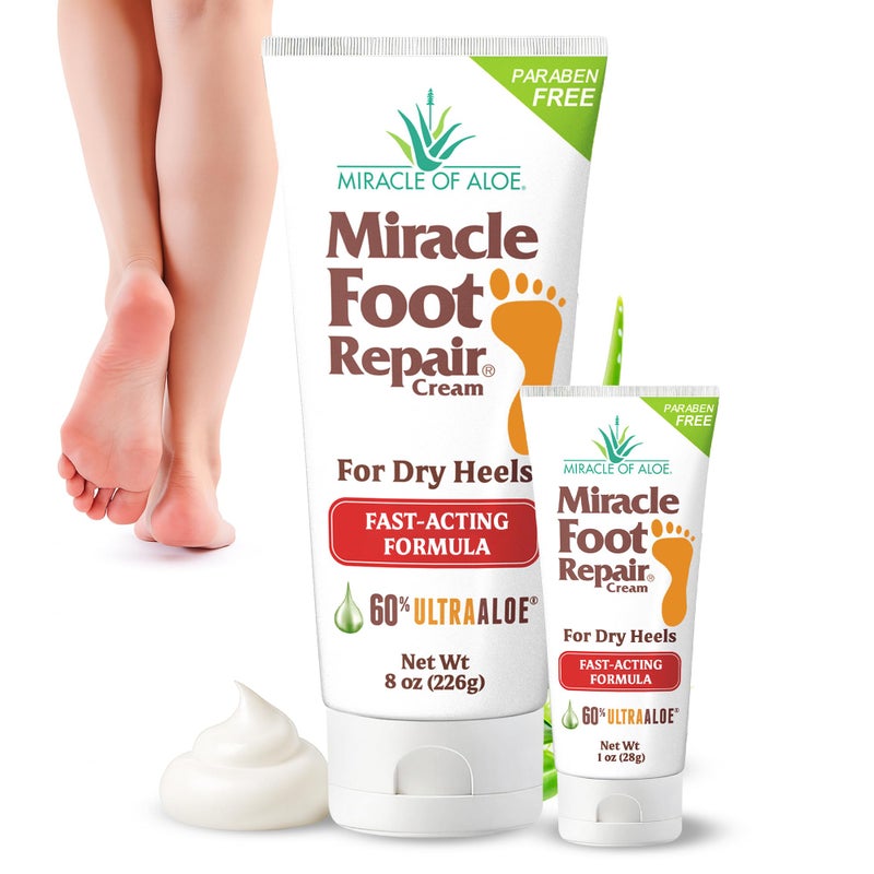 Miracle of Aloe Miracle Foot Repair Cream (8 oz & 1 oz) Repairs Dry Cracked Heels and Feet, 60% Pure UltraAloe Moisturizes, Softens, and Repairs - Image 1