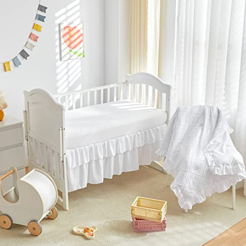 Uozzi Bedding Tufted Ruffle Crib Bedding Set 3 Pieces Baby Boho Quilted Comforter with Fitted Sheet and Bed Skirt - Cute Ruffled Shabby Chic Baby Bedding Soft Blanket Design White - Image 4