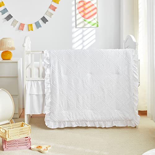Uozzi Bedding Tufted Ruffle Crib Bedding Set 3 Pieces Baby Boho Quilted Comforter with Fitted Sheet and Bed Skirt - Cute Ruffled Shabby Chic Baby Bedding Soft Blanket Design White - Image 2