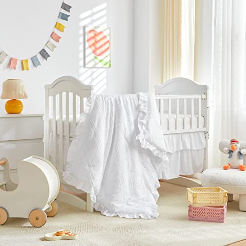 Uozzi Bedding Tufted Ruffle Crib Bedding Set 3 Pieces Baby Boho Quilted Comforter with Fitted Sheet and Bed Skirt - Cute Ruffled Shabby Chic Baby Bedding Soft Blanket Design White - Image 3