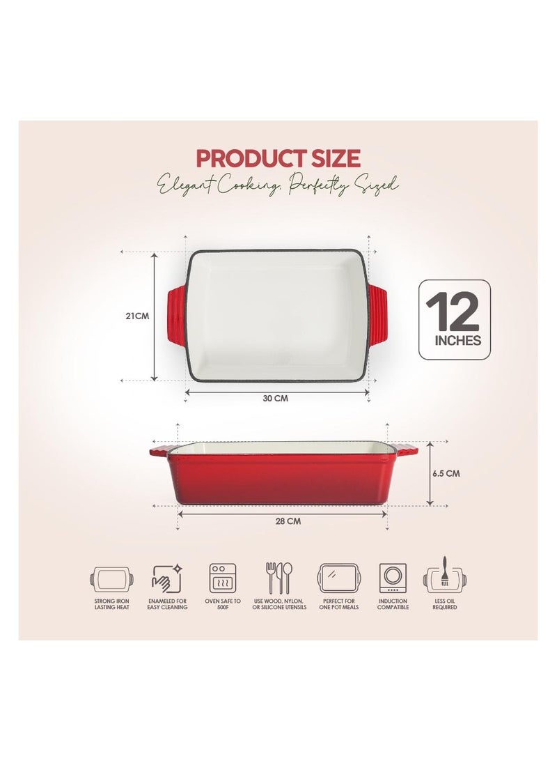 VAV طبق شوي مستطيل من الحديد الزهر المينا VAV GET صحي وآمن، (12 بوصة، أحمر) متوافق مع الفرن والحث، سهل التنظيف وغير لاصق - Image 2