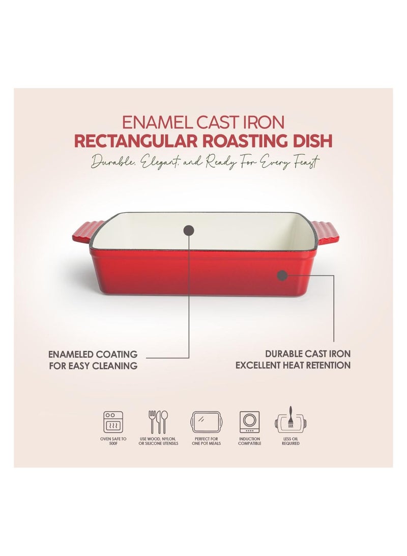 VAV طبق شوي مستطيل من الحديد الزهر المينا VAV GET صحي وآمن، (12 بوصة، أحمر) متوافق مع الفرن والحث، سهل التنظيف وغير لاصق - Image 5