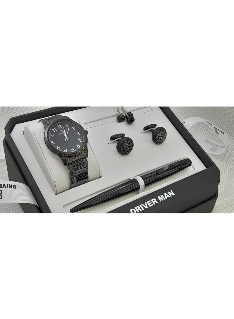 MAN Men's set, delicate design, with Arabic numerals. The set consists of 6 pieces: a watch, a cufflink, a pen, a prayer bead, a luxurious box, and a bag.
