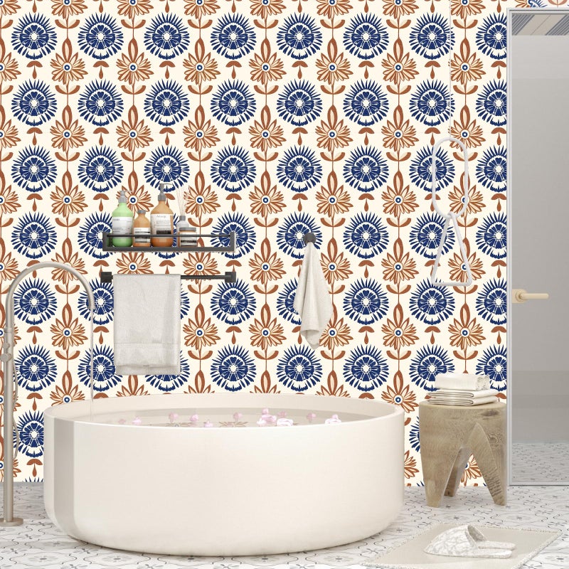 BOKEBEVE Beige Symmetry Wallpaper Peel and Stick Boho Floral Contact Paper Renter Friendly Wall Paper for Bedroom Pantry Closet Accent Wall Removable Brown Blue 17.5 x 393.5In - Image 3