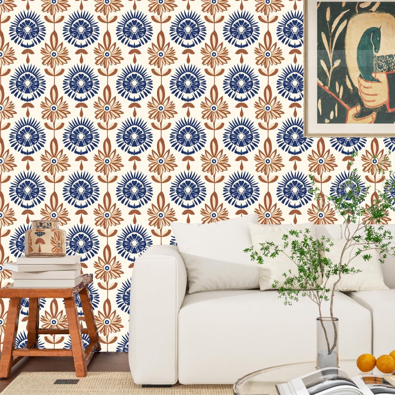 BOKEBEVE Beige Symmetry Wallpaper Peel and Stick Boho Floral Contact Paper Renter Friendly Wall Paper for Bedroom Pantry Closet Accent Wall Removable Brown Blue 17.5 x 393.5In - Image 4