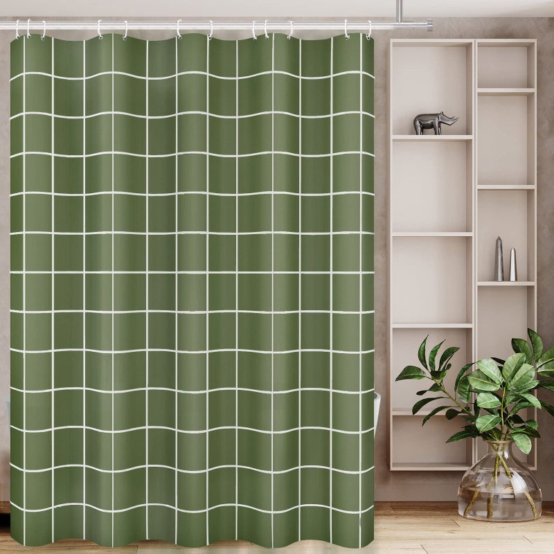 Tititex Net Olive Green Grid Plaid Minimalist Shower Curtain, White Line Simple Modern Shower Curtain Sets Decoration 71x71 Inch with Hooks - Image 2
