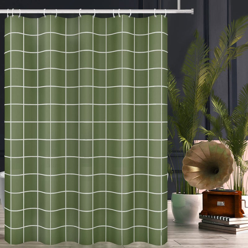 Tititex Net Olive Green Grid Plaid Minimalist Shower Curtain, White Line Simple Modern Shower Curtain Sets Decoration 71x71 Inch with Hooks - Image 3
