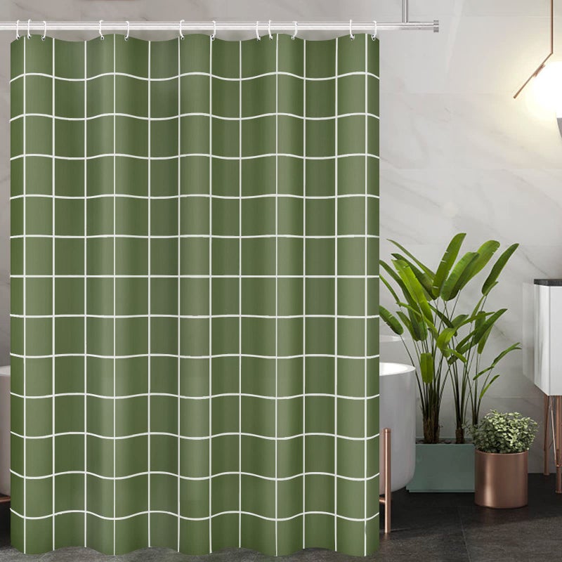 Tititex Net Olive Green Grid Plaid Minimalist Shower Curtain, White Line Simple Modern Shower Curtain Sets Decoration 71x71 Inch with Hooks - Image 1