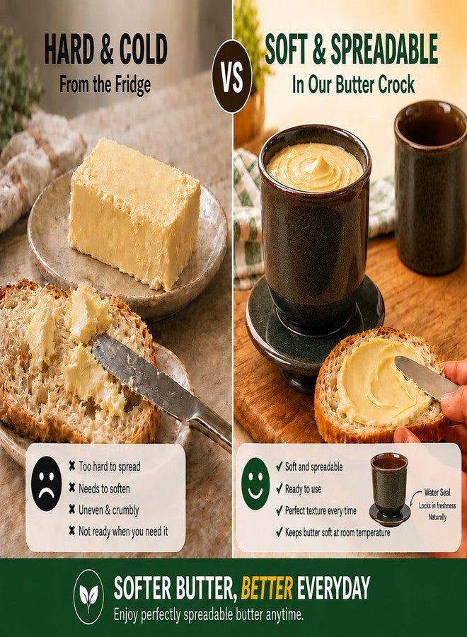 teapeak Pottery Butter Dish with Lid for Countertop, Rustic French Butter Crock with Water Line, Ceramic Butter Keeper Keeps Butter Soft & Spreadable at Room Temperature, 6.5 oz, Greenish Brown - Image 2