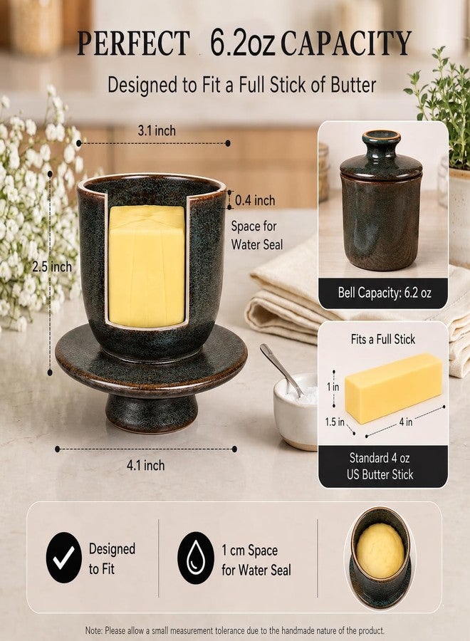 teapeak Pottery Butter Dish with Lid for Countertop, Rustic French Butter Crock with Water Line, Ceramic Butter Keeper Keeps Butter Soft & Spreadable at Room Temperature, 6.5 oz, Greenish Brown - Image 5