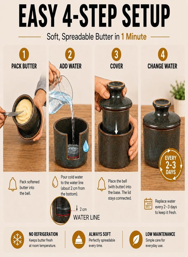 teapeak Pottery Butter Dish with Lid for Countertop, Rustic French Butter Crock with Water Line, Ceramic Butter Keeper Keeps Butter Soft & Spreadable at Room Temperature, 6.5 oz, Greenish Brown - Image 4