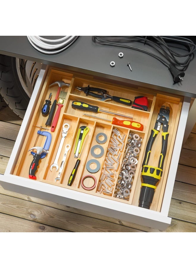 Cutlery organizer - Adjustable cutlery organizer - Bamboo cutlery divider with groove for kitchen utensils, hair accessories, repair tools, and art supplies W13.5"-19.9" x L17.6" (Wooden) - Image 5