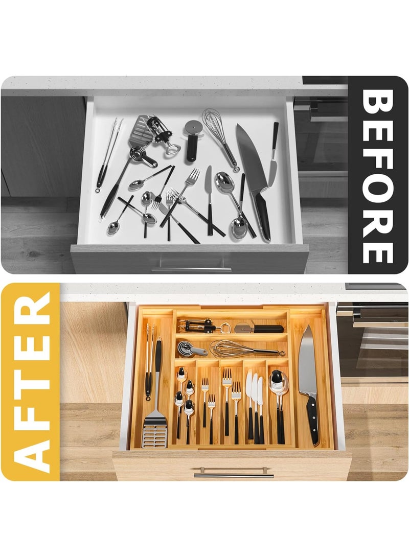 Cutlery organizer - Adjustable cutlery organizer - Bamboo cutlery divider with groove for kitchen utensils, hair accessories, repair tools, and art supplies W13.5"-19.9" x L17.6" (Wooden) - Image 3