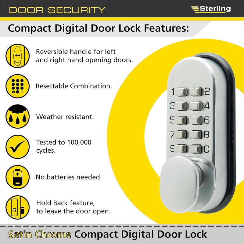 Sterling S2200V Compact Digital Door Lock with 10-Push Button - Satin Chrome - Image 2