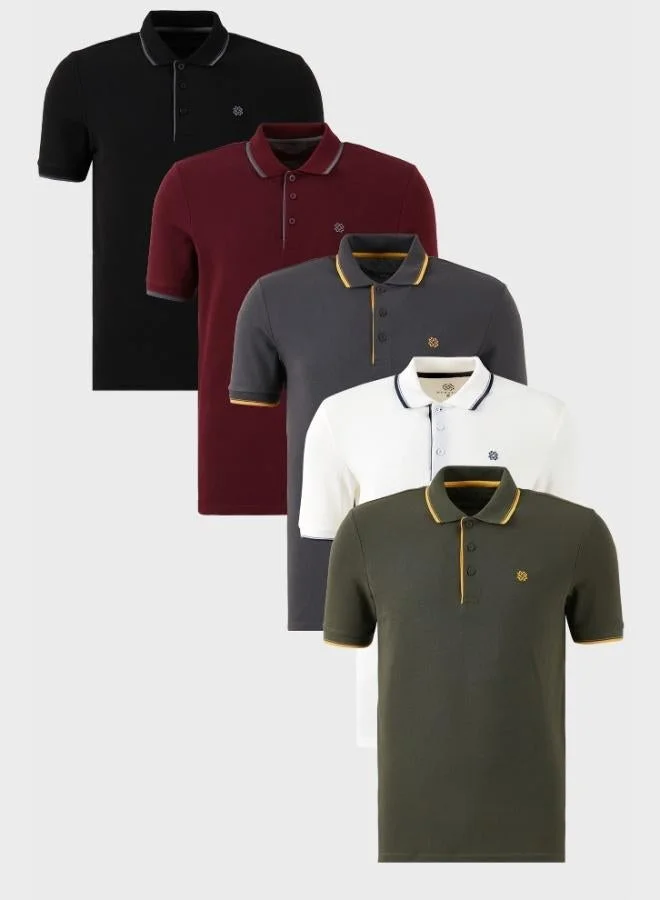 Buratti Buratti Cotton Slim Fit Striped Detail Buttoned Polo Collar 5-Pack Men's T-Shirt 5902118S5