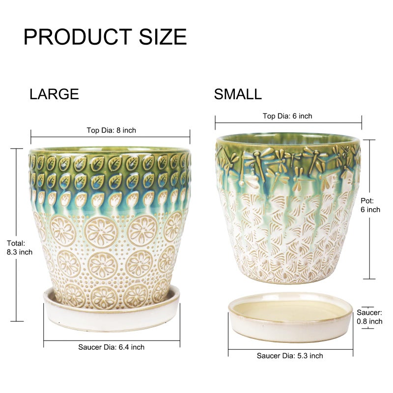 YFFSRJDJ 6 Inch Ceramic Planter Pots with Drainage Holes, Saucers and Mesh Pads for Indoor-Outdoor Plants, Succulent Orchid Flower Large Round Plant Pot, Set of 2 (Green+White) - Image 5