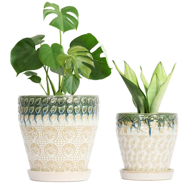 YFFSRJDJ 6 Inch Ceramic Planter Pots with Drainage Holes, Saucers and Mesh Pads for Indoor-Outdoor Plants, Succulent Orchid Flower Large Round Plant Pot, Set of 2 (Green+White) - Image 1