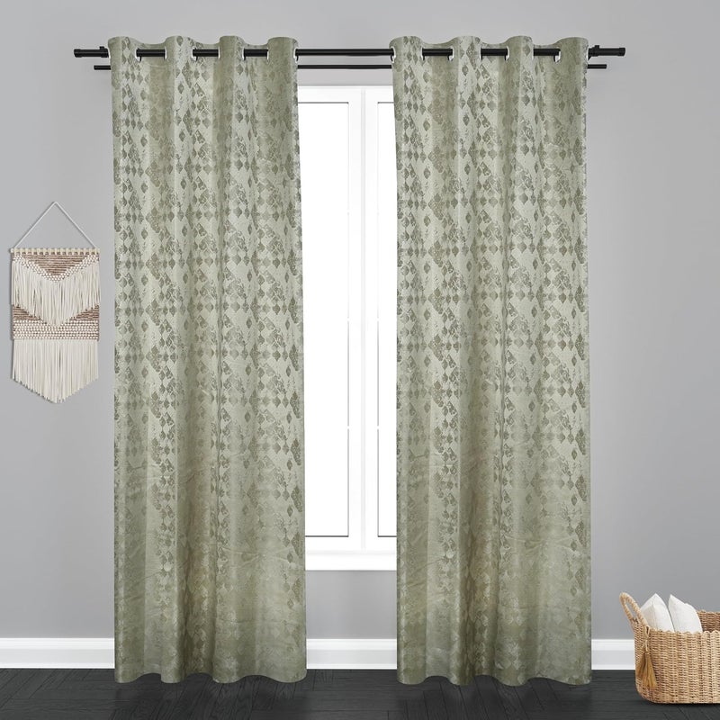 Parda Online Green 9 ft Jaquard Fabric Smash Design Eyelet Long Window Curtain - Pack of 2 - Image 2